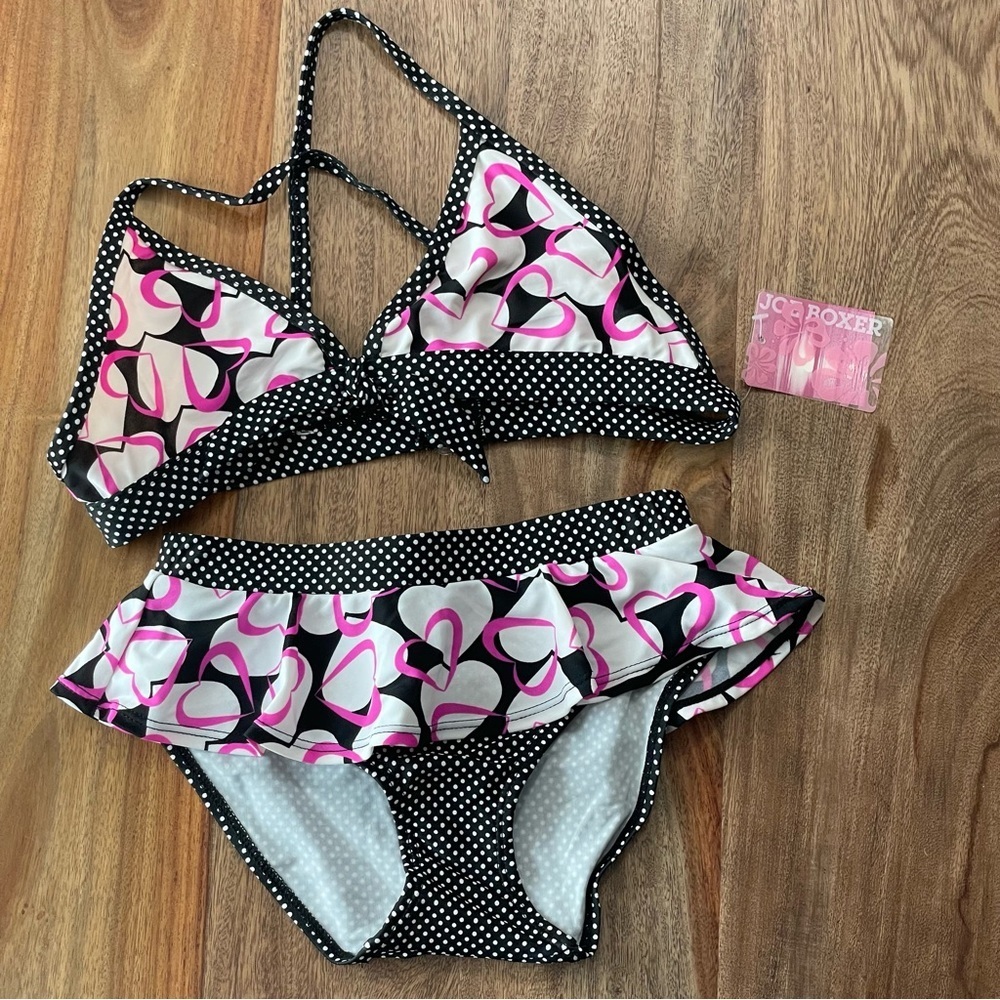 Joe Boxer Girls Ruffle Bikini Set Pink Hearts Black White Polkadots sz 14/16